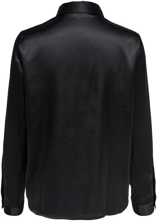 Zwarte satijnen blouse met lange mouwen, achterkant.