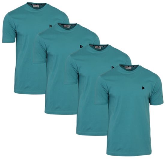 Vier tealblauwe T-shirts met ronde hals en zwart logo op de borst.