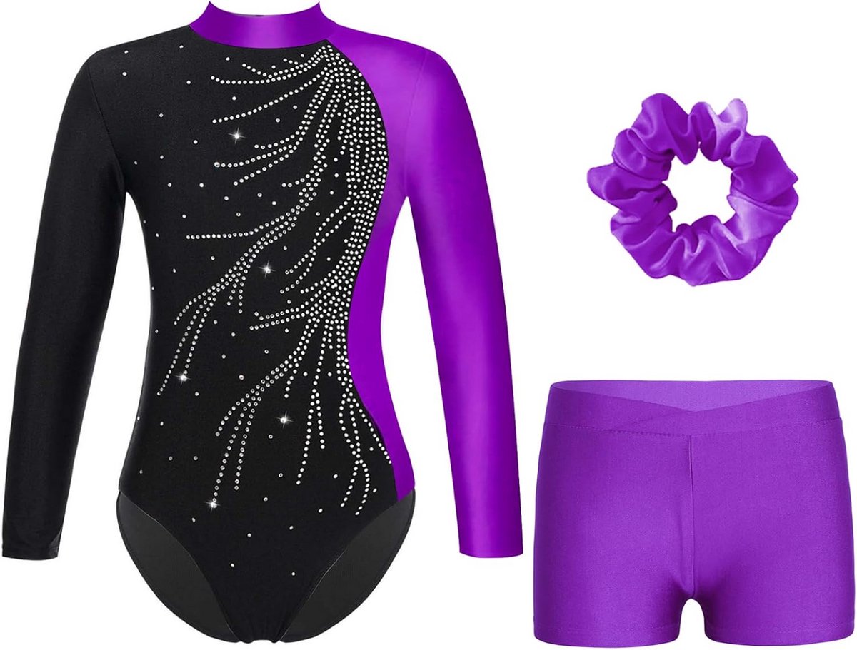Turnpakje Lange Mouwen met Glanzende Short voor Meisjes | Gymnastiek, Dans & Kunstschaatsen | 5-14 Jaar