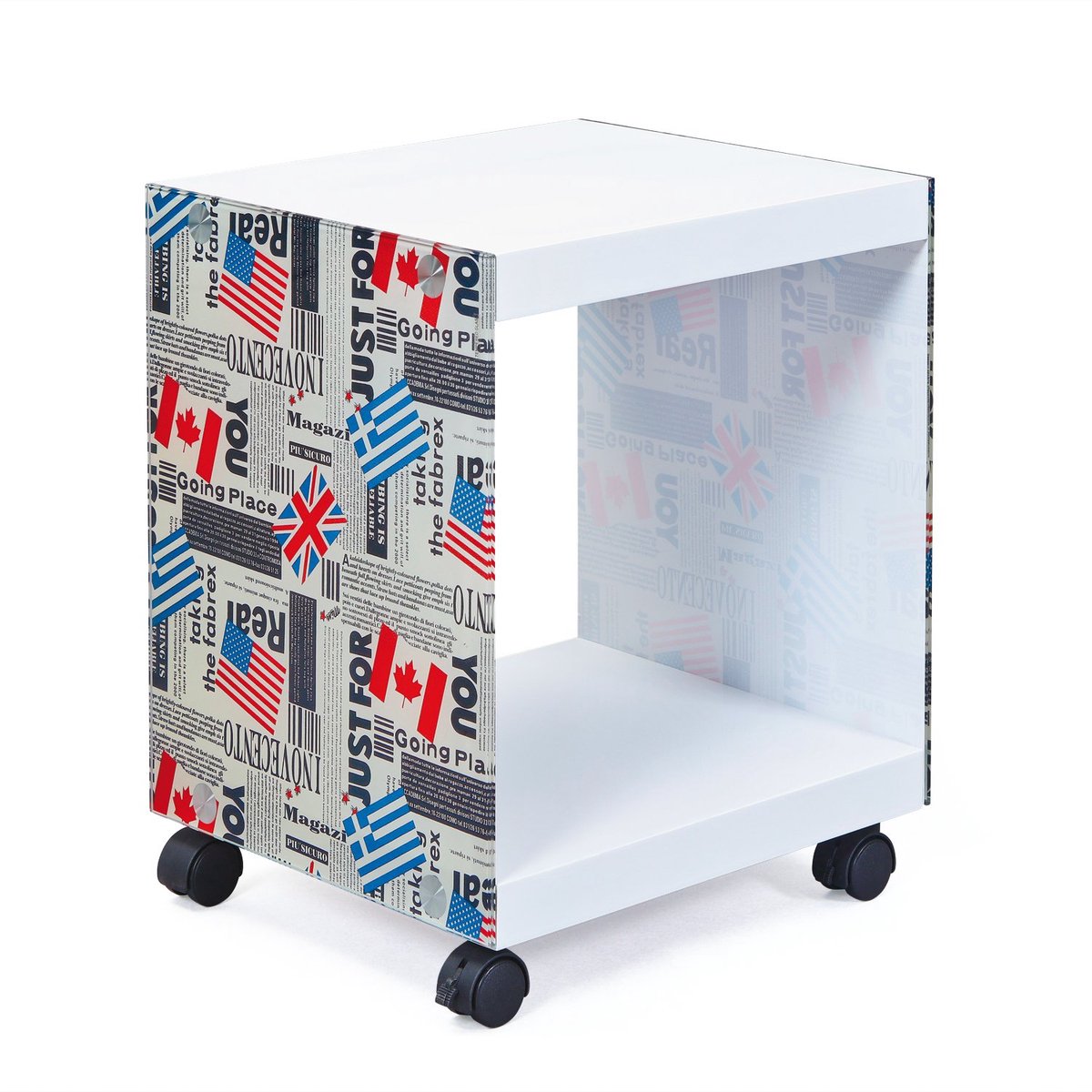 Unyqoos Moderne witte bijzettafel met wielen en glazen details voor veelzijdig gebruik Wit / Vlag