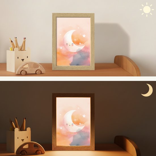 Nachtlampje 15x20 cm - Kinder lampje - Maan - Gezichtje - Sterren - Roze - Tafellamp kinderkamer - Slaapkamer lamp - Bedlamp kinderen - Kinderlampje stopcontact - Wandlamp babykamer - Nachtlampjes van OnlyWow — afbeelding 4