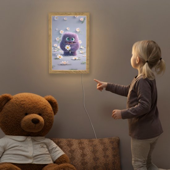Nachtlampje 20x30 cm - Kinder lampje - Monster - Paars - Madeliefjes - Tafellamp kinderkamer - Slaapkamer lamp - Bedlamp kinderen - Kinderlampje stopcontact - Wandlamp babykamer - Nachtlampjes van OnlyWow — afbeelding 5