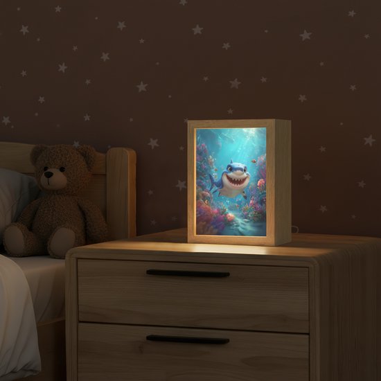 Nachtlampje 15x20 cm - Kinder lampje - Haai - Onderwaterwereld - Oceaan - Tafellamp kinderkamer - Slaapkamer lamp - Bedlamp kinderen - Kinderlampje stopcontact - Wandlamp babykamer - Nachtlampjes van OnlyWow — afbeelding 2