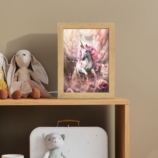 Nachtlampje 15x20 cm - Kinder lampje - Eenhoorn - Meisje - Roze - Bloemen - Sprookje - Tafellamp kinderkamer - Slaapkamer lamp - Bedlamp kinderen - Kinderlampje stopcontact - Wandlamp babykamer - Nachtlampjes van OnlyWow — afbeelding 3