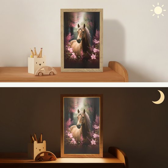 Nachtlampje 20x30 cm - Kinder lampje - Paard - Bloemen - Roze - Natuur - Bos - Tafellamp kinderkamer - Slaapkamer lamp - Bedlamp kinderen - Kinderlampje stopcontact - Wandlamp babykamer - Nachtlampjes van OnlyWow — afbeelding 4