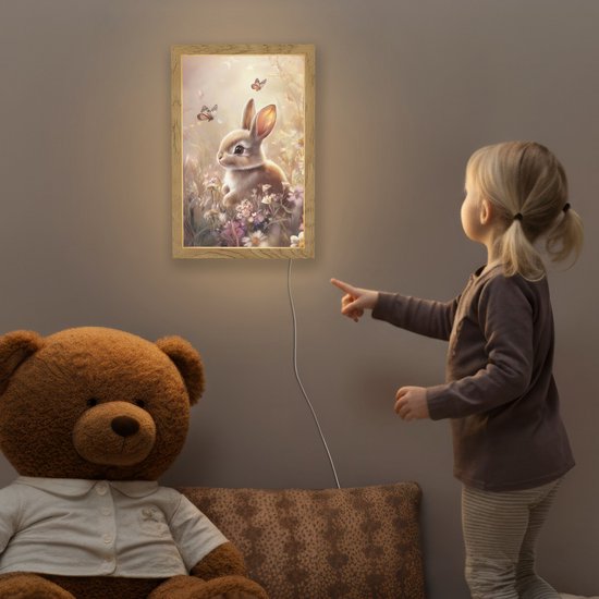 Nachtlampje 20x30 cm - Kinder lamp - Konijntje - Bruin - Bloemen - Vlinders - Tafellamp kinderkamer - Slaapkamer lamp - Bedlamp kinderen - Kinderlampje stopcontact - Wandlamp babykamer - Nachtlampjes van Merkloos — afbeelding 5