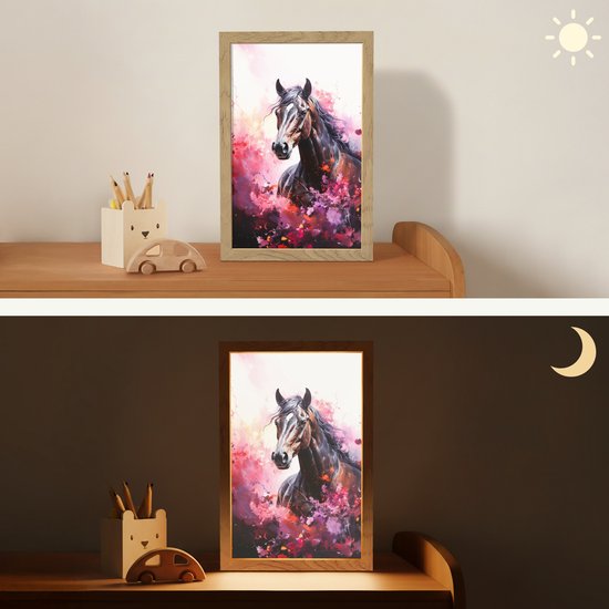 Nachtlampje 20x30 cm - Kinder lampje - Paard - Dieren - Meisje - Roze - Tafellamp kinderkamer - Slaapkamer lamp - Bedlamp kinderen - Kinderlampje stopcontact - Wandlamp babykamer - Nachtlampjes van Merkloos — afbeelding 4