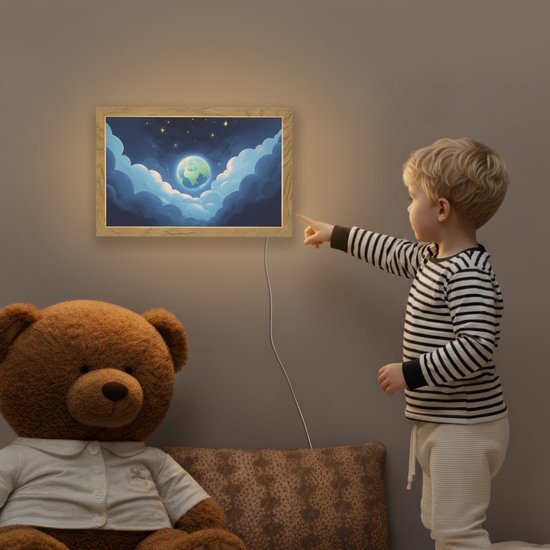 Nachtlampje 30x20 cm - Kinder lampje - Planeet - Wolken - Sterren - Blauw - Tafellamp kinderkamer - Slaapkamer lamp - Bedlamp kinderen - Kinderlampje stopcontact - Wandlamp babykamer - Nachtlampjes van DecoLife — afbeelding 5