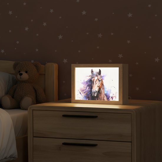 Nachtlampje 20x15 cm - Kinder lampje - Paard - Dieren - Meisjes - Paars - Bruin - Tafellamp kinderkamer - Slaapkamer lamp - Bedlamp kinderen - Kinderlampje stopcontact - Wandlamp babykamer - Nachtlampjes van Merkloos — afbeelding 2