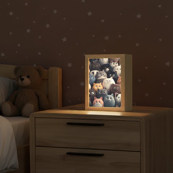 Nachtlampje 15x20 cm - Kinder lampje - Kat - Dieren - Poes - Patroon - Jongen - Meisje - Tafellamp kinderkamer - Slaapkamer lamp - Bedlamp kinderen - Kinderlampje stopcontact - Wandlamp babykamer - Nachtlampjes van OnlyWow — afbeelding 2