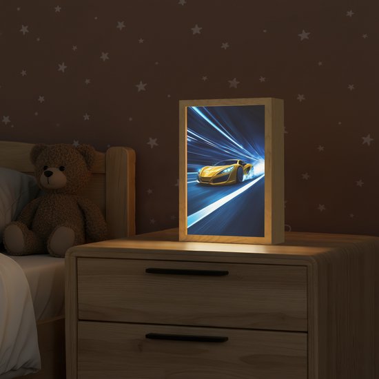 Nachtlampje 20x30 cm - Kinder lamp - Auto - Geel - Race - Blauw - Tafellamp kinderkamer - Slaapkamer lamp - Bedlamp kinderen - Kinderlampje stopcontact - Wandlamp babykamer - Nachtlampjes van Merkloos — afbeelding 2