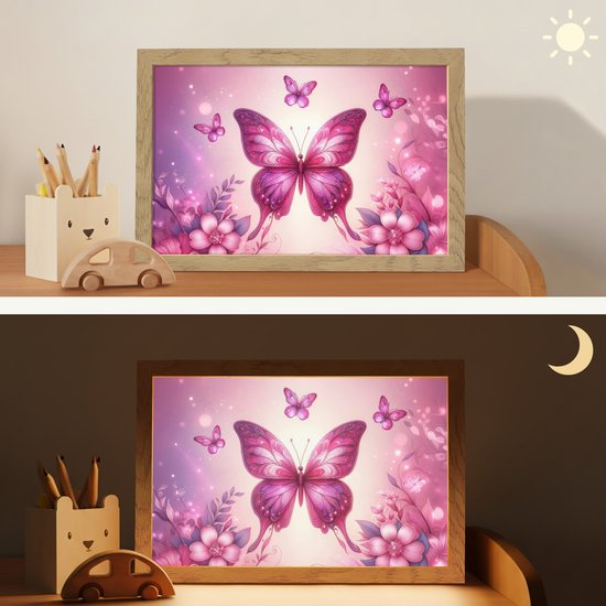 Nachtlampje 30x20 cm - Kinder lampje - Vlinder - Roze - Bloemen - Tafellamp kinderkamer - Slaapkamer lamp - Bedlamp kinderen - Kinderlampje stopcontact - Wandlamp babykamer - Nachtlampjes van Merkloos — afbeelding 4