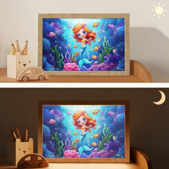 Nachtlampje 30x20 cm - Kinder lampje - Zeemeermin - Onderwaterwereld - Vissen - Oceaan - Tafellamp kinderkamer - Slaapkamer lamp - Bedlamp kinderen - Kinderlampje stopcontact - Wandlamp babykamer - Nachtlampjes van Merkloos — afbeelding 4