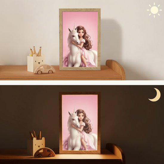 Nachtlampje 20x30 cm - Kinder lampje - Prinses - Roze - Eenhoorn - Tafellamp kinderkamer - Slaapkamer lamp - Bedlamp kinderen - Kinderlampje stopcontact - Wandlamp babykamer - Nachtlampjes van Merkloos — afbeelding 4