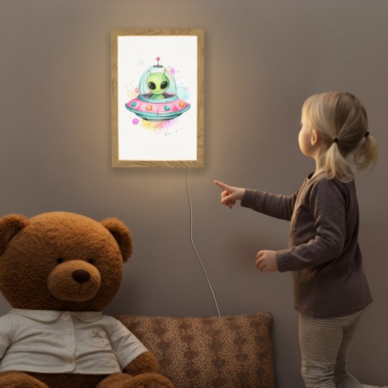Nachtlampje 20x30 cm - Kinder lampje - Alien - Ufo - Kleurrijk - Tafellamp kinderkamer - Slaapkamer lamp - Bedlamp kinderen - Kinderlampje stopcontact - Wandlamp babykamer - Nachtlampjes van Merkloos — afbeelding 5