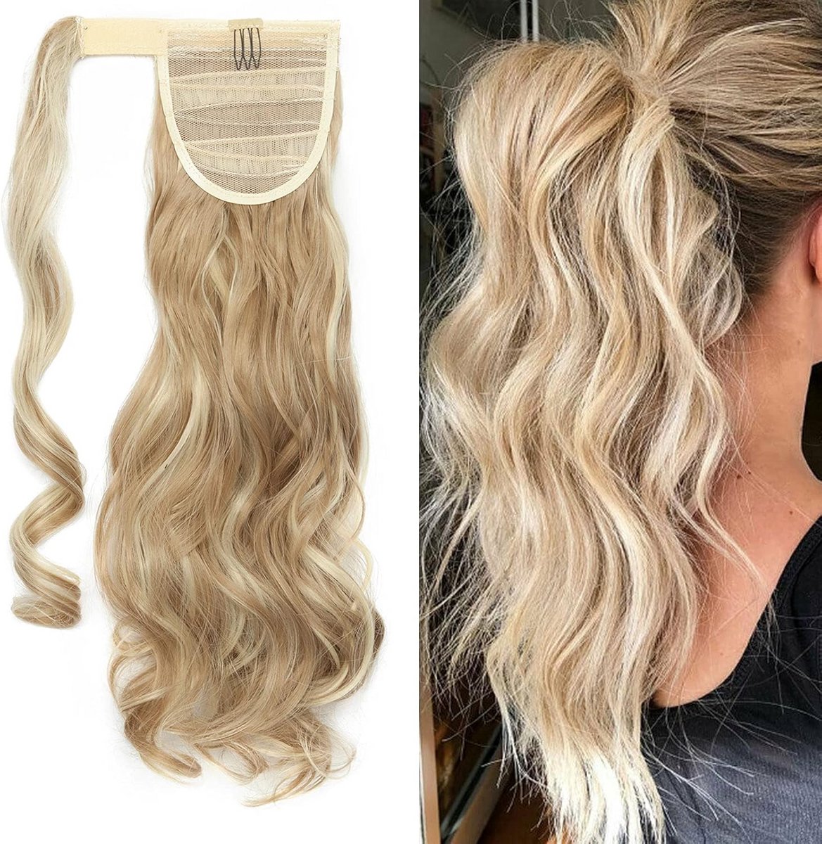 Clip-in haarverlenging golvend 43 cm - wrap-around paardenstaart in zandblond
