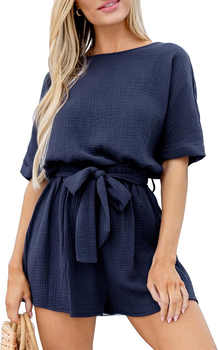 Dames Jumpsuit met Boothals en Korte Mouwen - Casual Stijlvolle Playsuit met Empire Taille