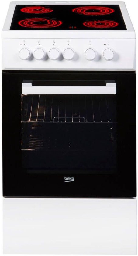 Wit Beko fornuis met zwarte ovendeur en 4 rode kookplaten.