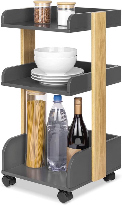 Bomoe Chariot Rangement Multifonctionnel Bois FSC® à 4 Roulettes & 3