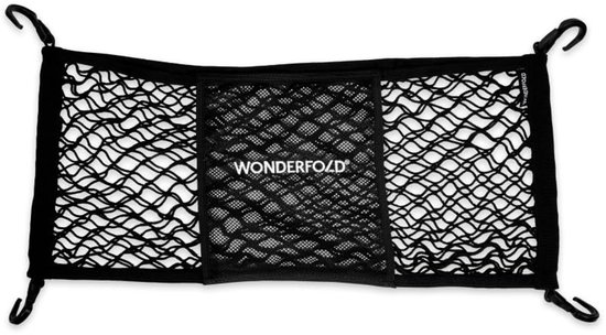 Een zwart opbergnet van WonderFold, 72 cm breed en 31,4 cm hoog, met drie vakken.