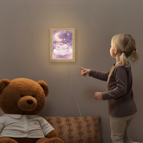 Nachtlampje 15x20 cm - Kinder lampje - Eenhoorn - Paars - Sterrenhemel - Maan - Tafellamp kinderkamer - Slaapkamer lamp - Bedlamp kinderen - Kinderlampje stopcontact - Wandlamp babykamer - Nachtlampjes van Merkloos — afbeelding 5