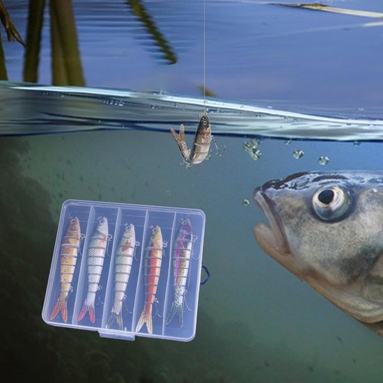 Kunstaas set met opbergdoos - Meergewrichtig snoekaas - Multi Jointed Swimbait - Pluggen met haak - Kunstaas - Jerkbaits - Crankbaits - Rubberen vis - Visaas - Zacht Kunstaas - Alle type roofvis - Visaas Zeevissen Set - 5 Stuks 13.4CM - Set A van Merkloos — afbeelding 3