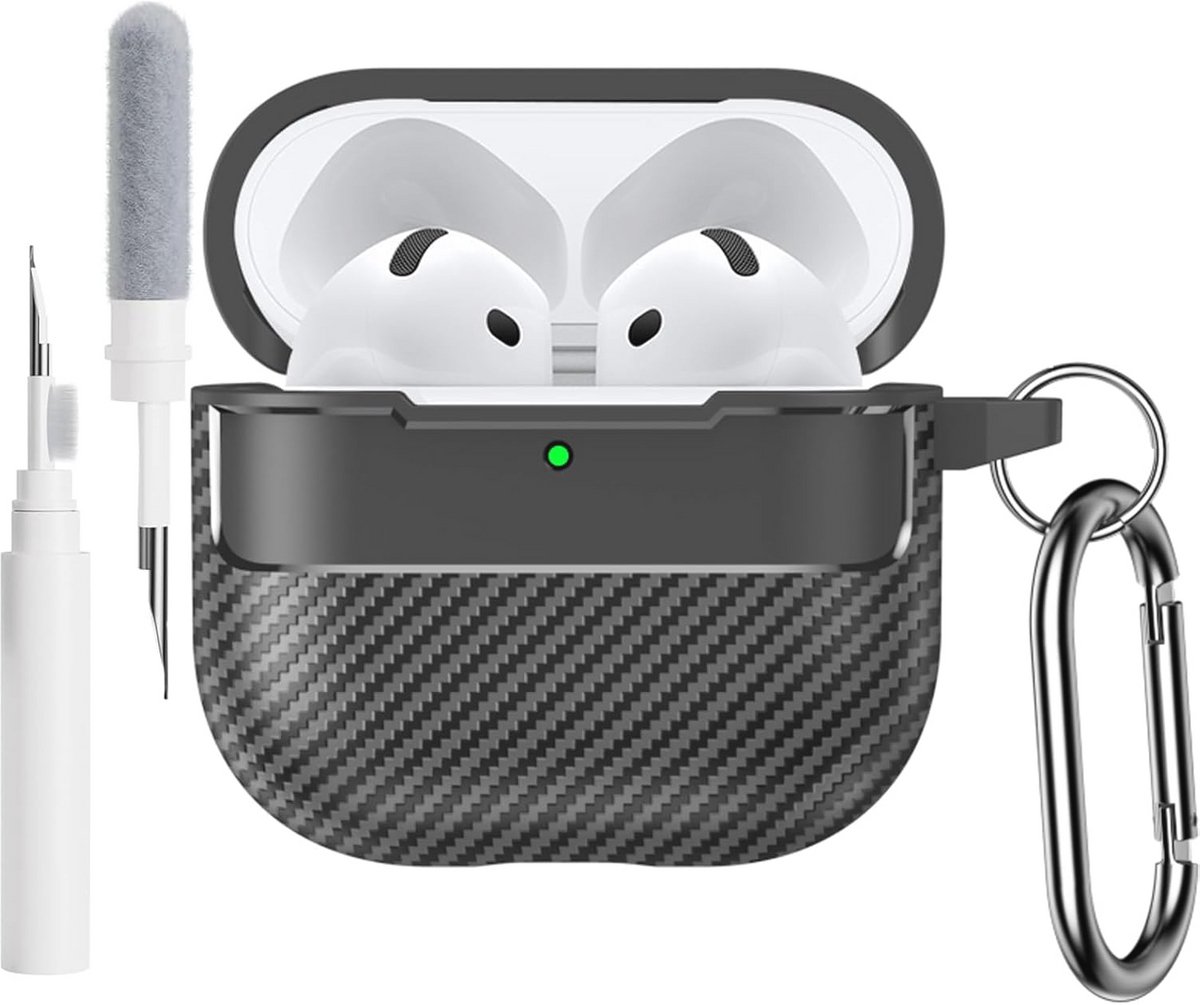 Shockproof Carbon Fiber AirPods 4 Case with Keychain and Cleaning Pen - Black