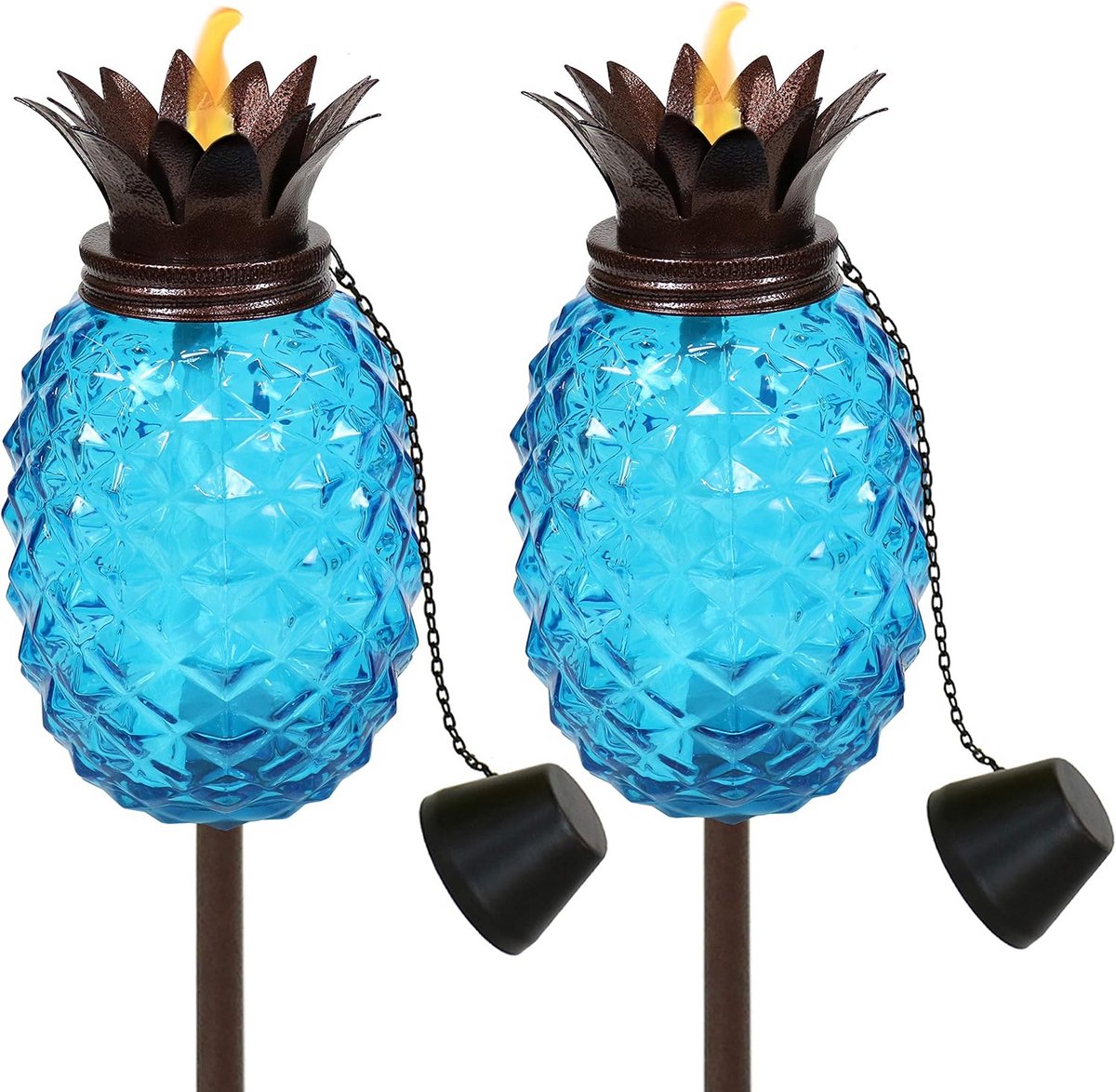 Set van 2 Blauwe Glazen Buitenfakkels, Verstelbaar in Hoogte - Tropische Tuinverlichting