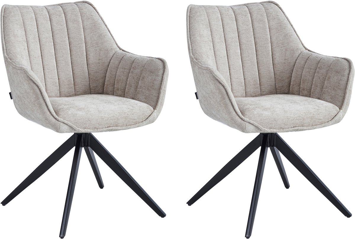 Colenis® - Yasmin Eetkamerstoel - Set van 2 - Taupe - Chenille Stof - Gestoffeerde zitting - Metalen poten - 180° - Draaistoel
