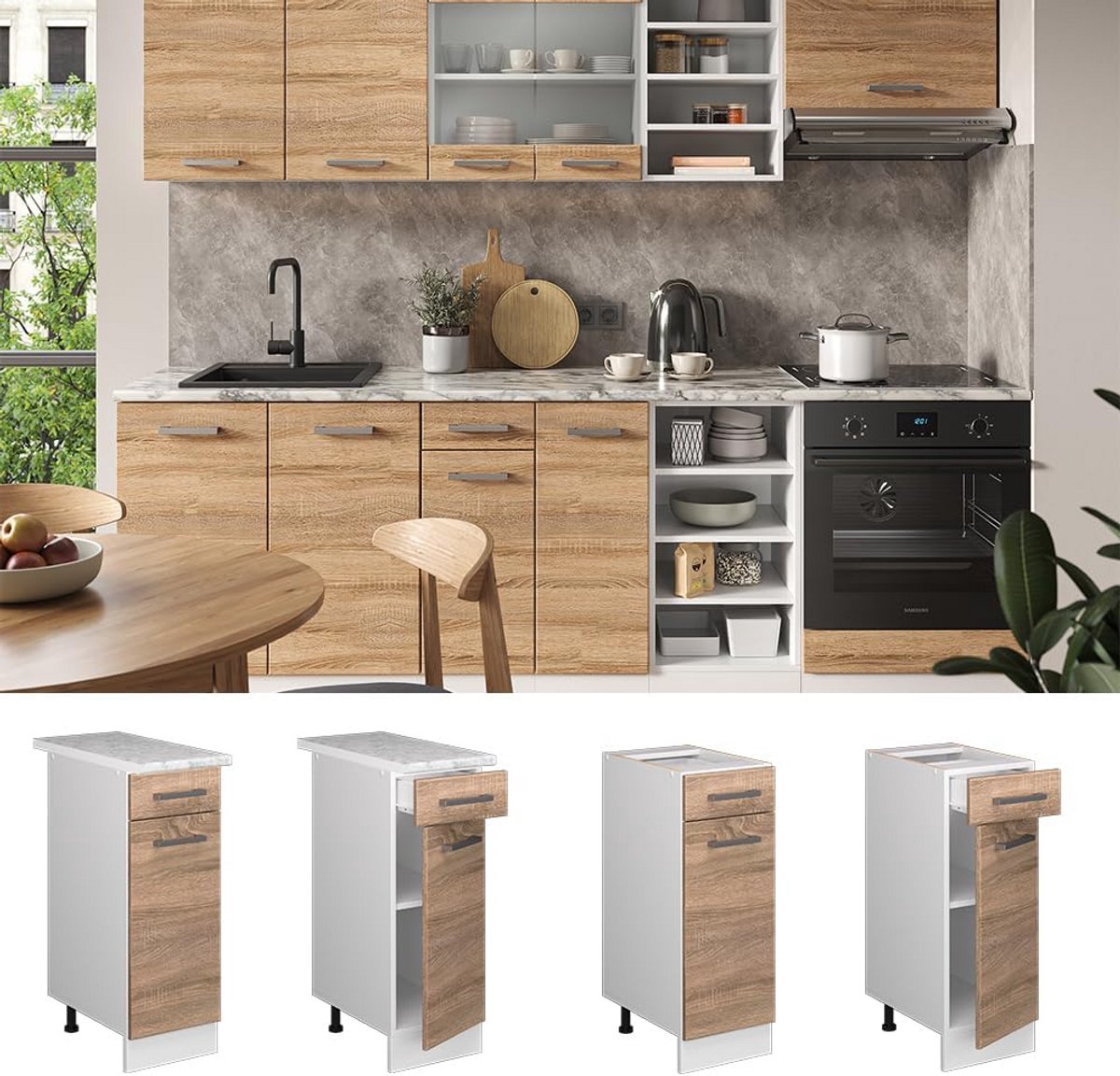 Lade onderkast keuken 30 cm Sonoma Eiken met werkblad - Modulair Systeem