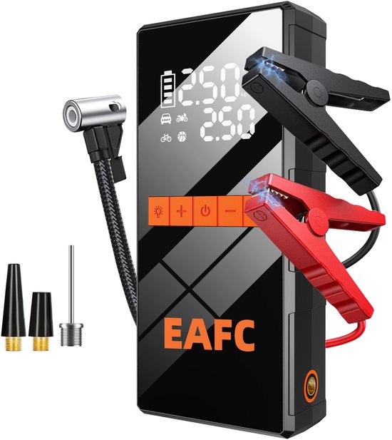 EAFC 12V Jumpstarter pour Auto & Motor avec Compresseur - 1000A / 20.000 mAh - 5-en-1 Aide au démarrage avec Compresseur, Powerbank, Lampe de poche LED et Lumière d'urgence SOS - Pince de câble de démarrage standard Jump Starter