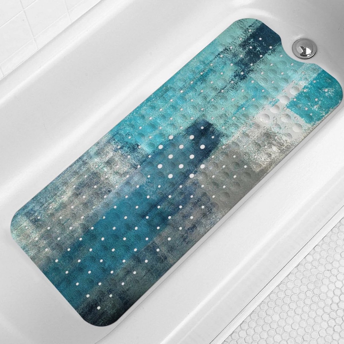 Antislip Turquoise Badmat 104 x 40 cm - Abstracte Kunst Bad Douchemat met Afvoergaten en Zuignappen