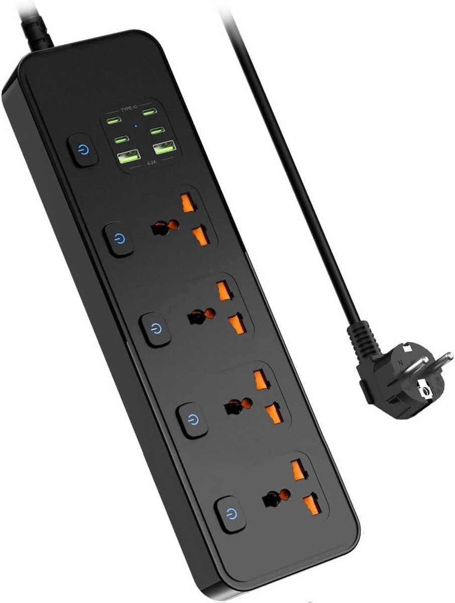 Verlengsnoer met USB-Sleuven en Stopcontacten - 4 USB-C en 2 USB-poorten, 1.8m, Zwart