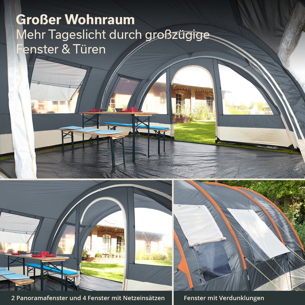 Skandika Helsinki Tent – Tenten – Familietent - Campingtent – Voor 6 personen – Tunneltent – 215 cm stahoogte - Muggengaas – 2 slaapcabines – 525 x 410 x 215 cm (L x B x H) - 5000 mm waterkolom – Outdoor, Camping, Tuin – Kamperen – grijs/oranje – foto 6