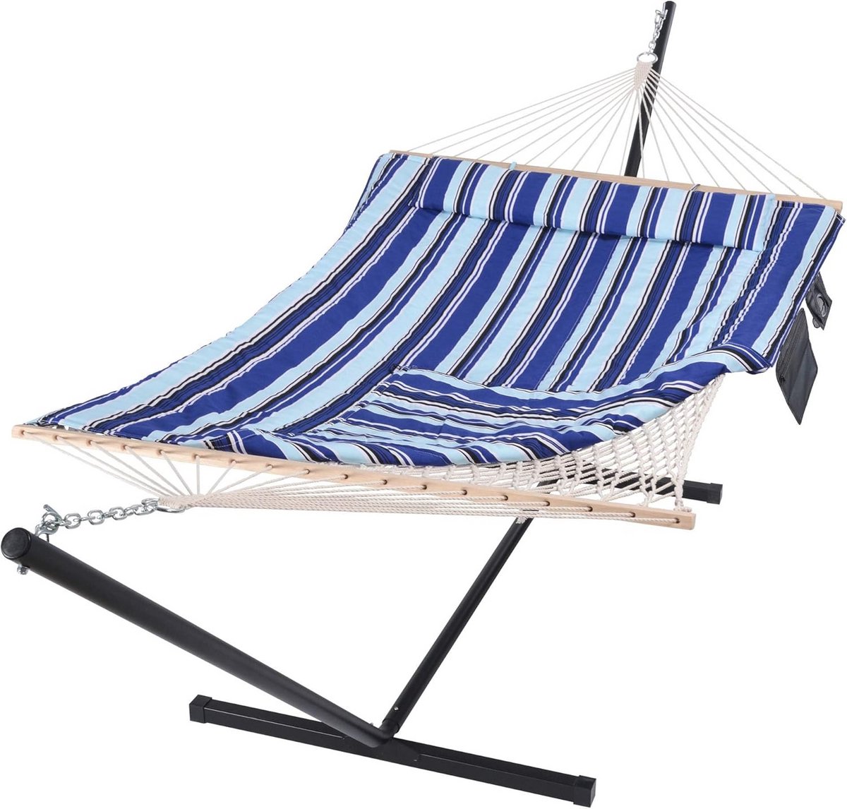 Dubbele Hangmat met Stand voor Twee Personen - Katoenen Touw Hangmat in Blauwe Streep