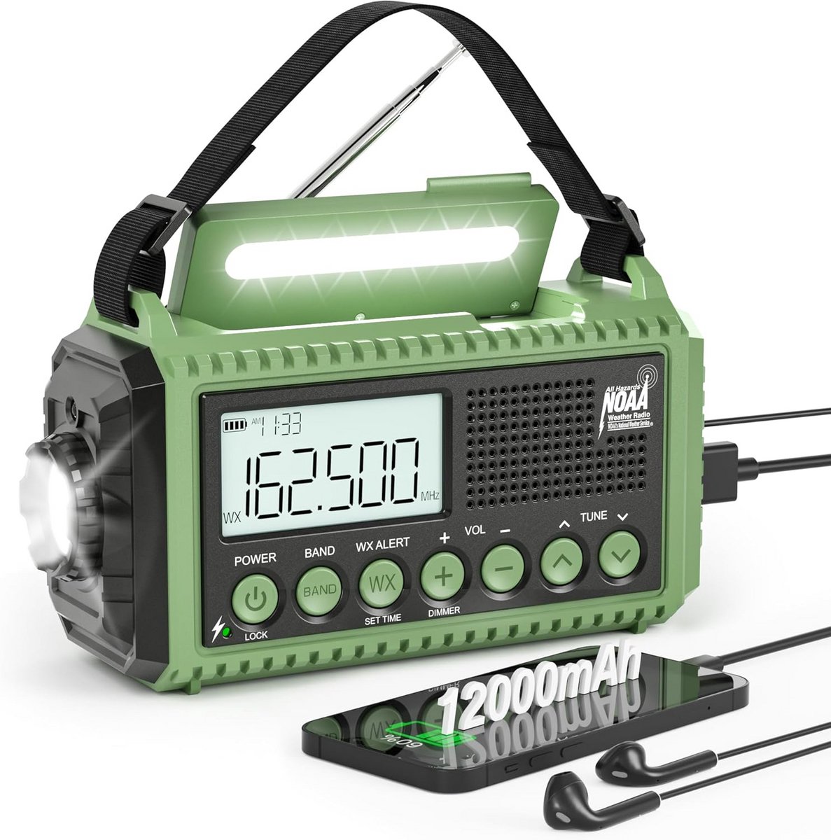 Draagbare Noodweerradio met 12000mAh Batterij & Solar Oplaadfunctie - AM/FM Kortgolf Radio met Zaklamp en SOS Alarm voor Outdoor Survival