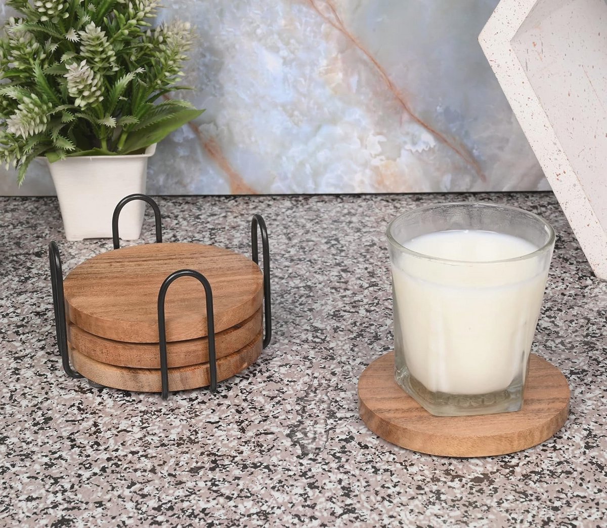 Acacia houten onderzetters met standaard voor dranken - Set van 4