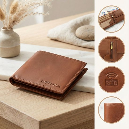 Lundholm Portemonnee heren luxe leer RFID anti-skim - Sundsvall serie portefeuille heren leer - mannen cadeautjes cadeau voor man Billfold Bruin