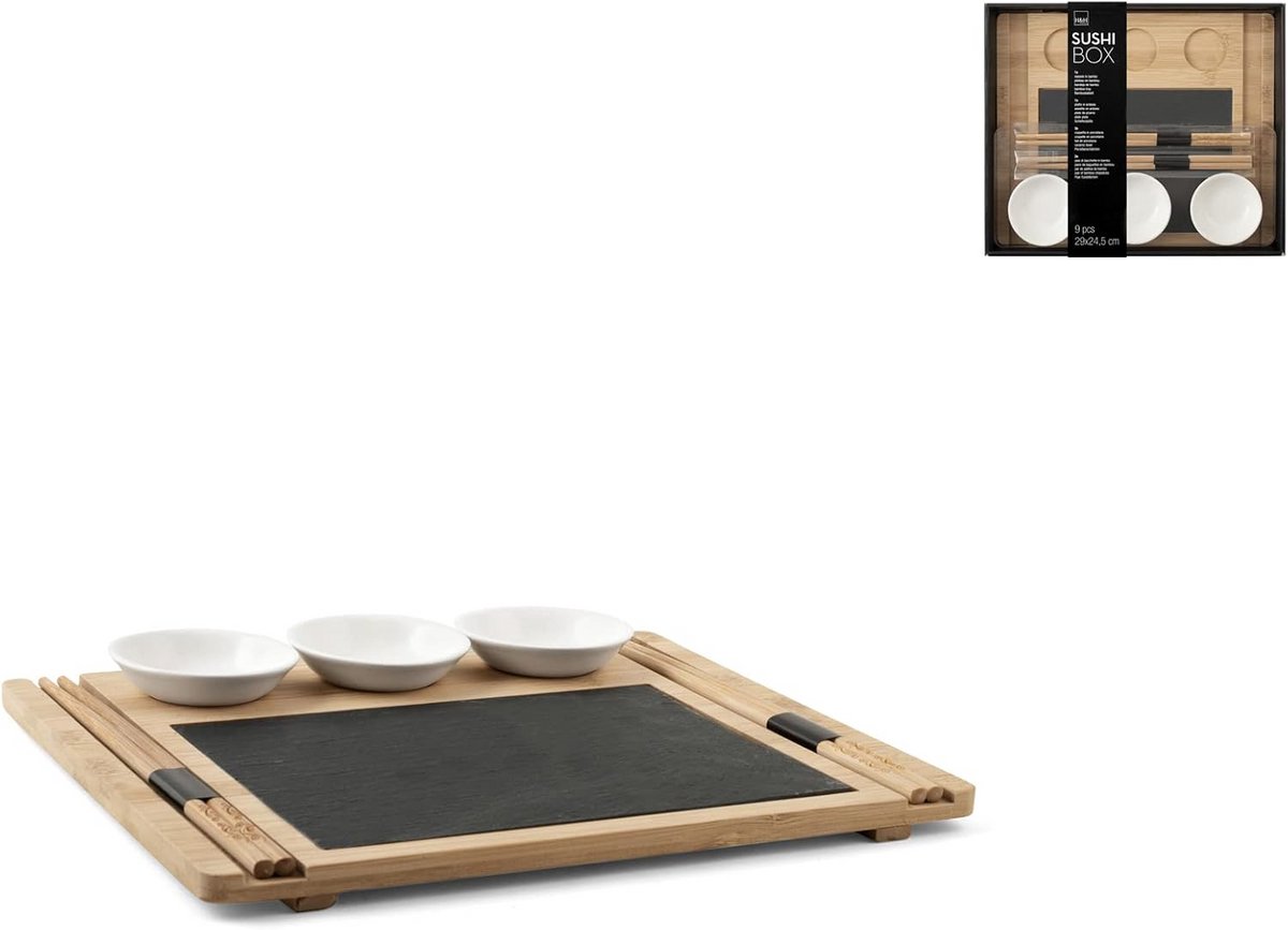 Set van 9 Sushi Borden en Accessoires van Bamboe en Leisteen