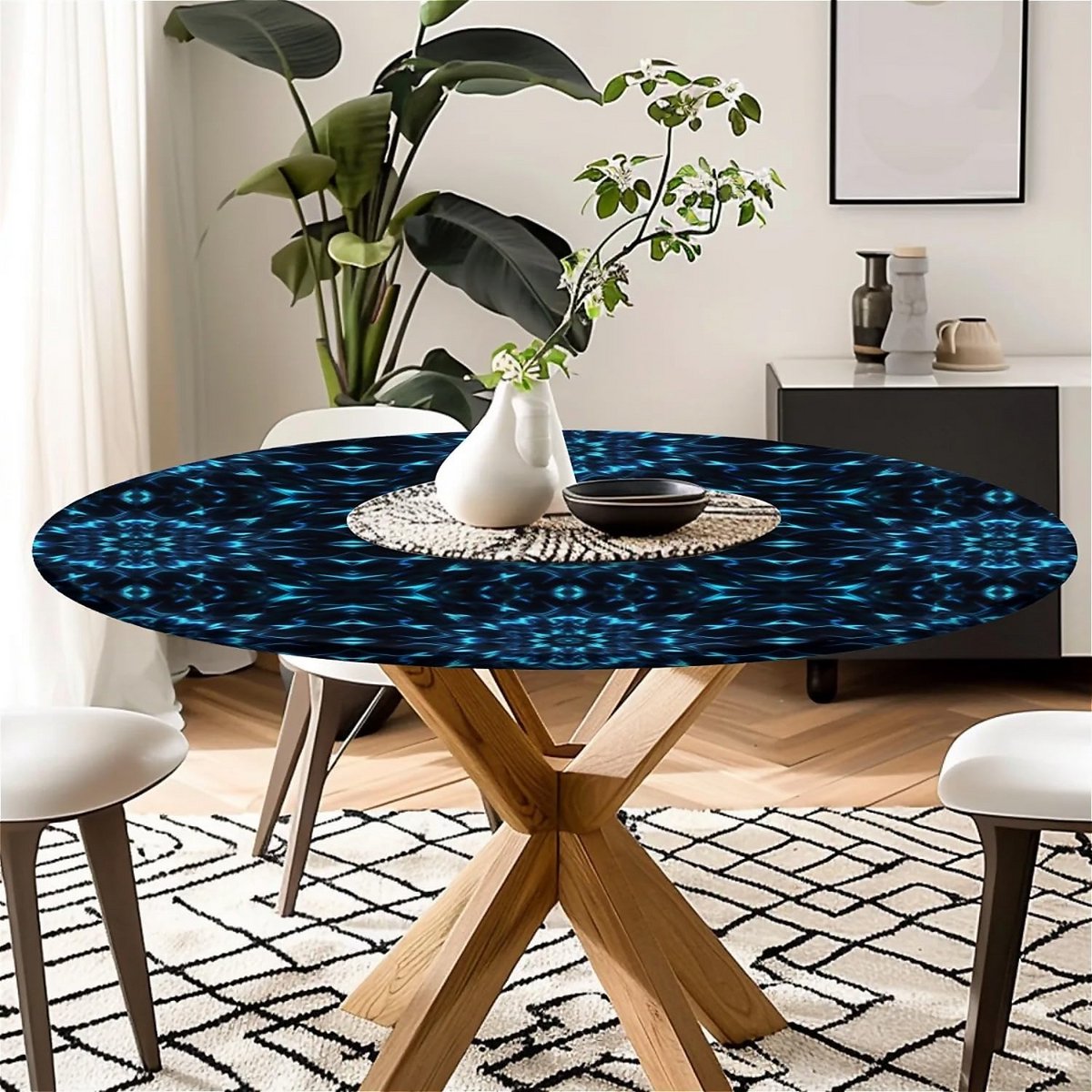 Rond Tafelkleed met Elastiek voor Buiten en Binnen Blauw Spiraalpatroon 120 cm