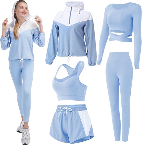 Ensemble Fitness 5 pièces Femmes | Tenue de Yoga, Vêtements de Sport et Survêtements - Blauw, Taille L