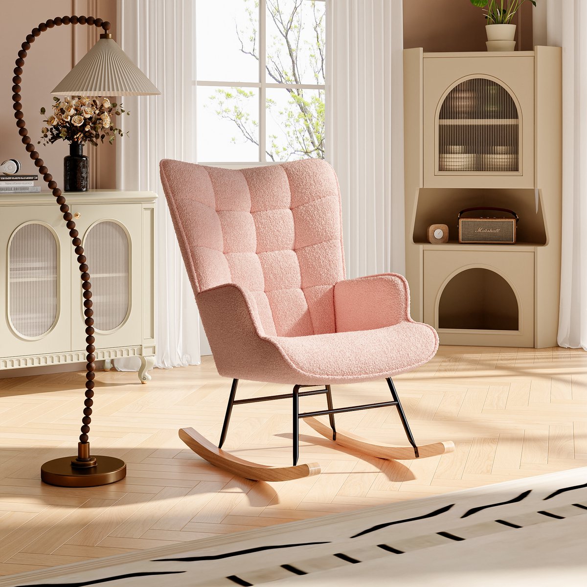 Schommelstoel, schommelstoel met Berber fleece-look, armleuningen, gewatteerde stoel met houten poten, relaxstoel voor woonkamer en slaapkamer, maximaal draagvermogen 120 kg, Roze