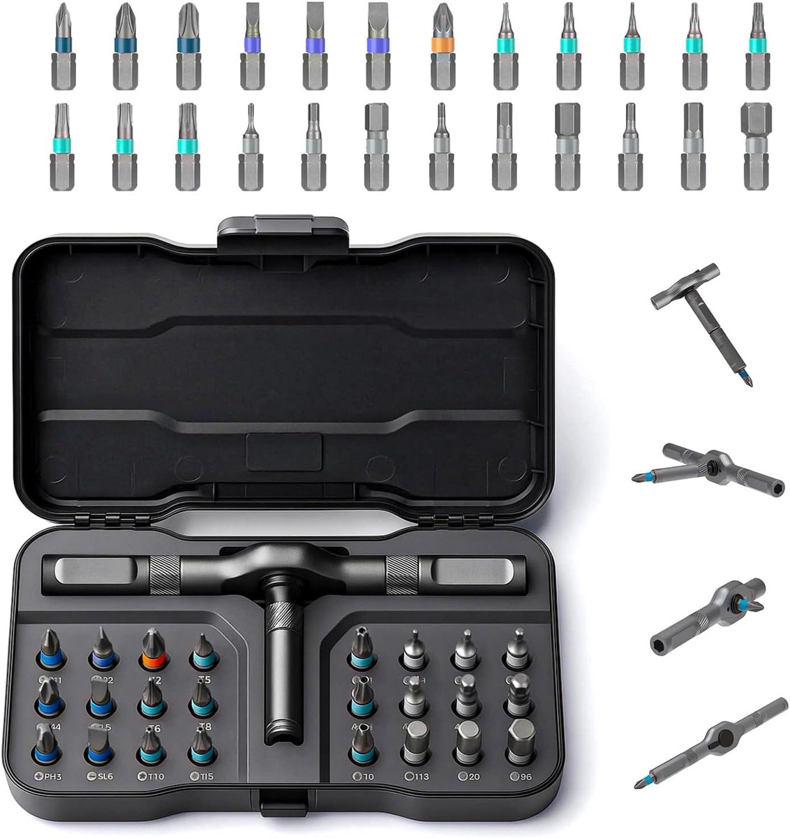24-in-1 magnetische schroevendraaierset, doe-het-zelf ratelschroevendraaierset met afneembaar handvat, draagbare compacte reparatieset, geschikt voor meubels, laptops, elektronica en fietsen.