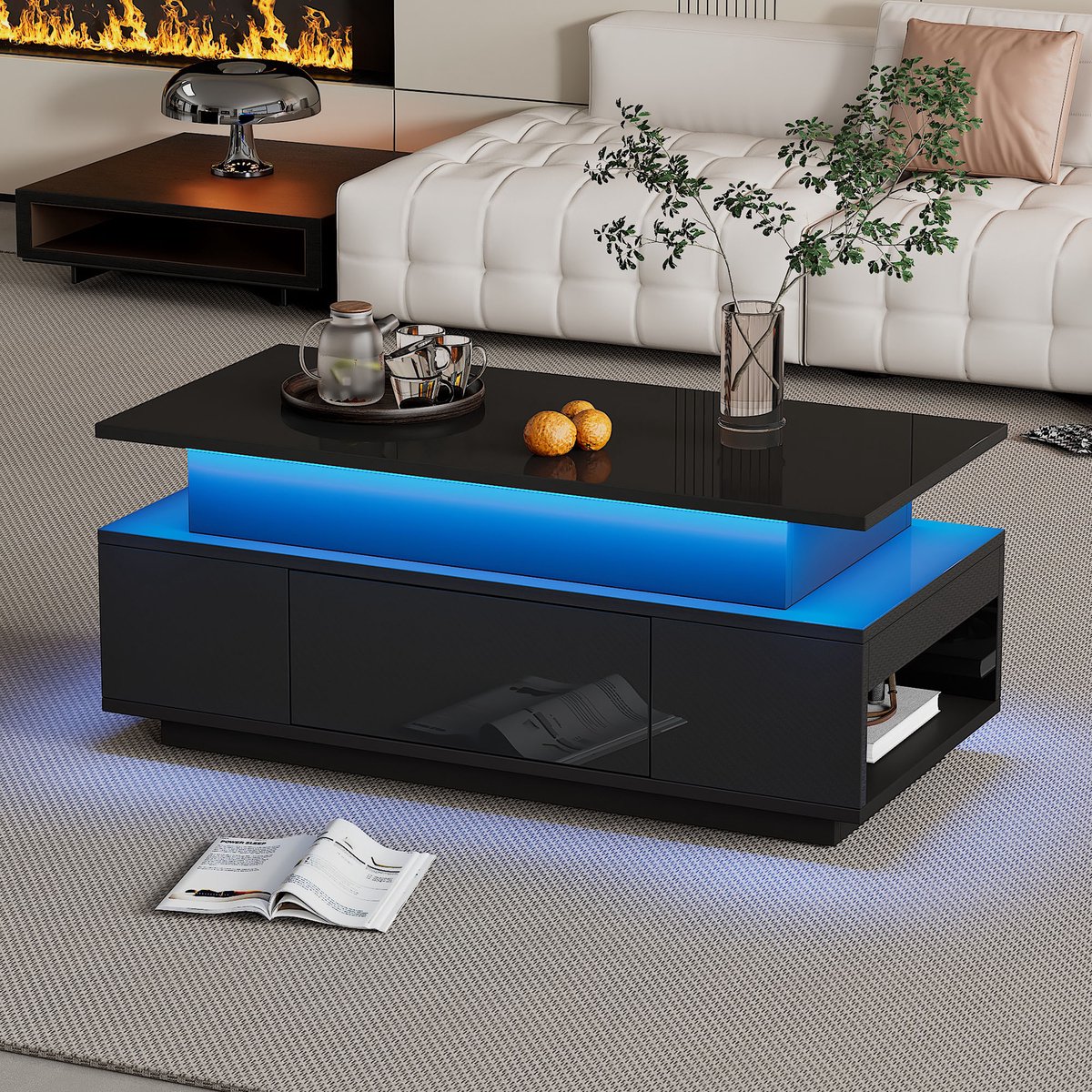 Verstelbare koffietafel met LED-verlichting - opbergruimte en lade - 96x45x40 cm - salontafel voor de woonkamer - banktafel - zwart
