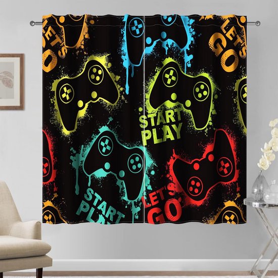 Verduisterende Gamer Gordijnen 117x138cm - 2 Delen - Abstract Gamepad Print voor Jongens Slaapkamer