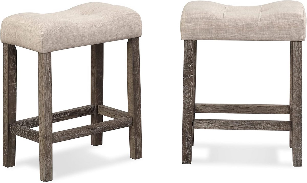 Set van 2 Ronde Zadelkrukken met Knopen, Counter Hoogte, Taupe Stof