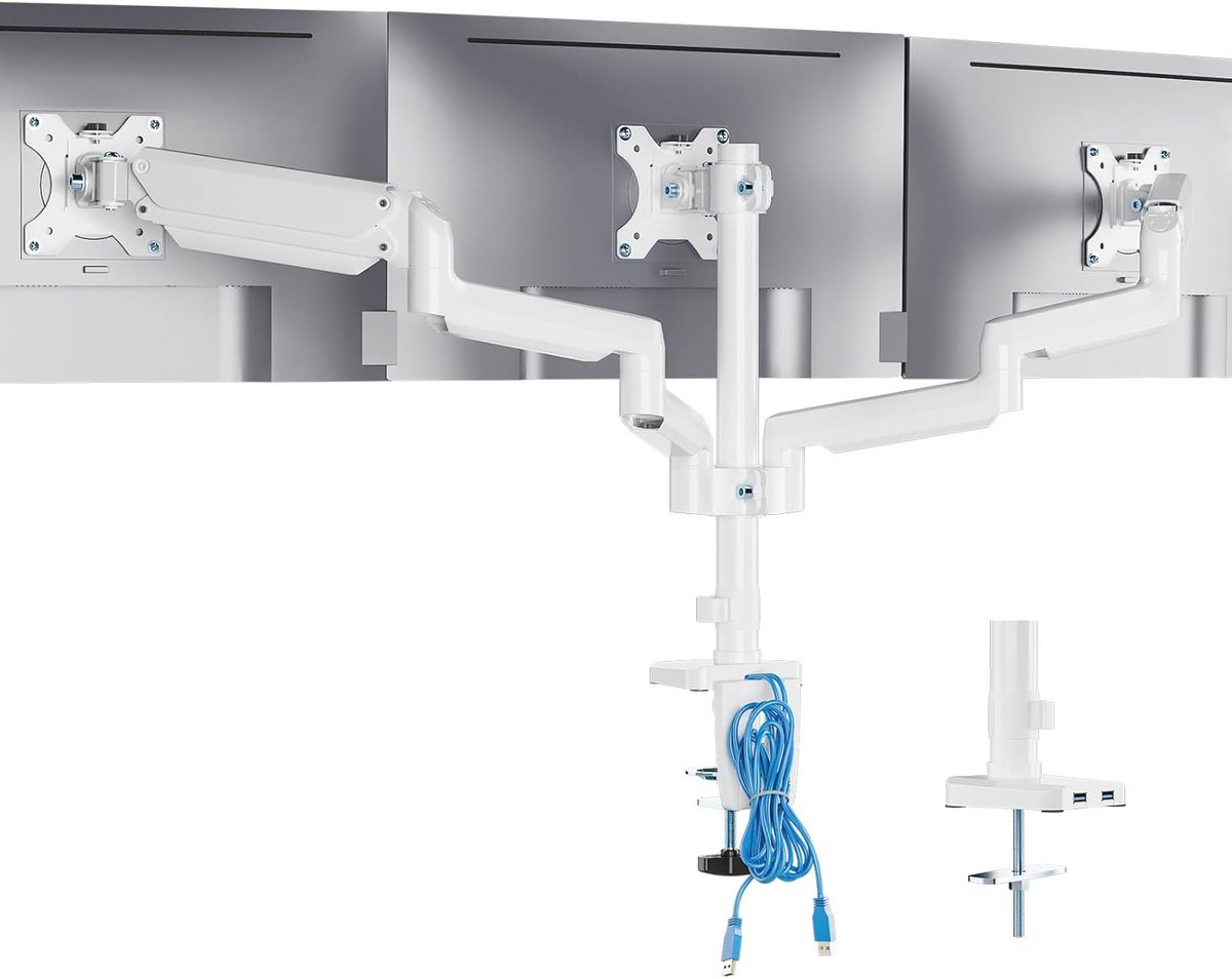 Driedubbele monitorbevestiging met gasveerarm voor schermen tot 27 inch