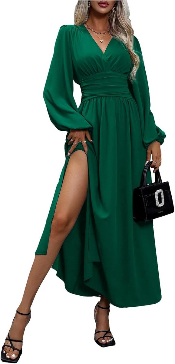 Elegante Dames Maxi Jurk met V-hals, Plissé Taille en Lange Split - Herfst Winter
