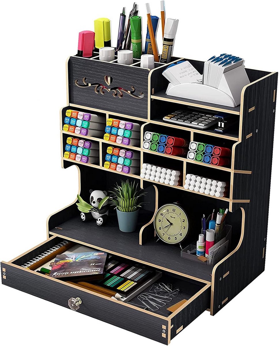 Houten Bureau Organizer voor Pennen, Potloden en Kantoorartikelen met Lade