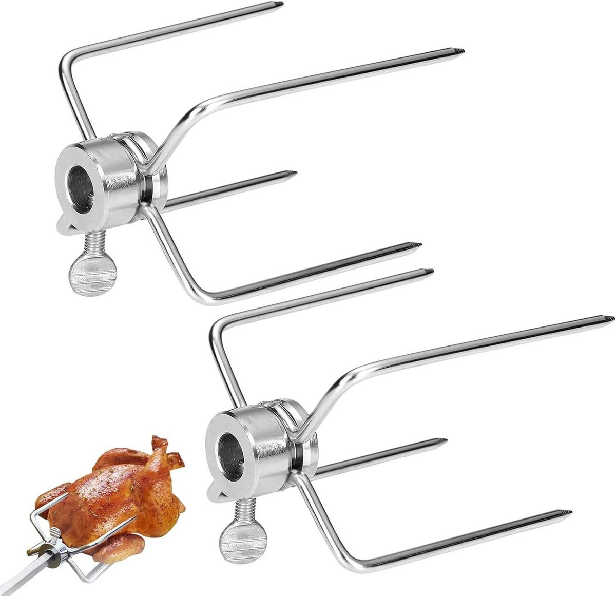 2x RVS Vleesklemmen voor Draaispit en Kippengrill - Grillvork met Borgschroef